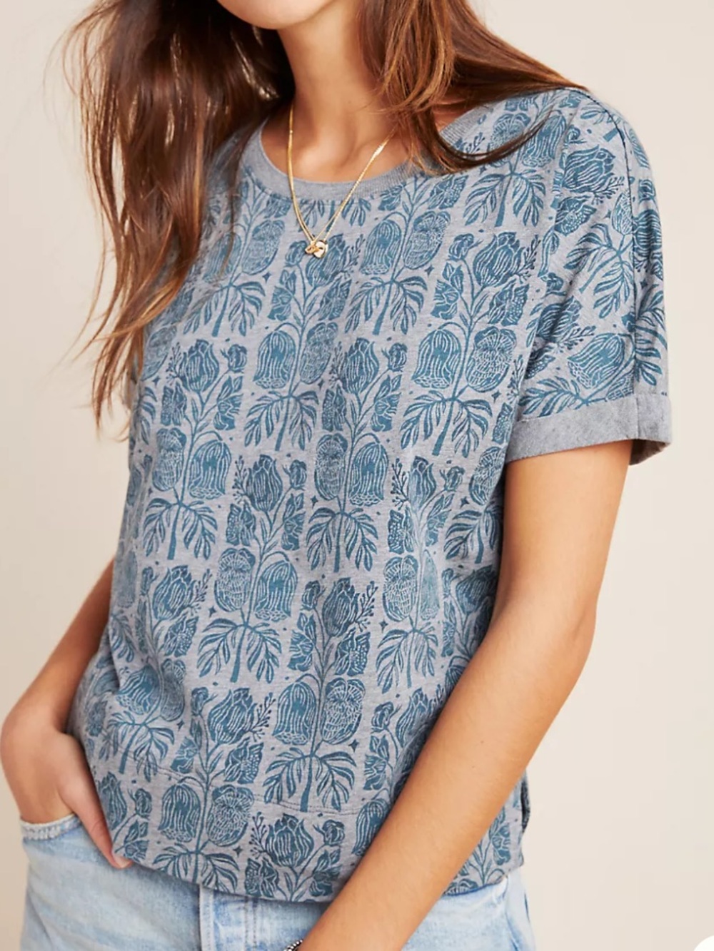 Anthropologie x Blooming Print Blossom Banded Top-Gray/Blue-Size M-Boho/Floral